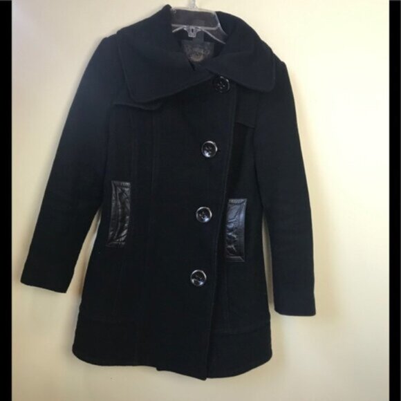 Mackage Wool Leather Fitted Car Coat Large Collar Pockets Wool Pea Coat Jacket - Picture 2 of 16